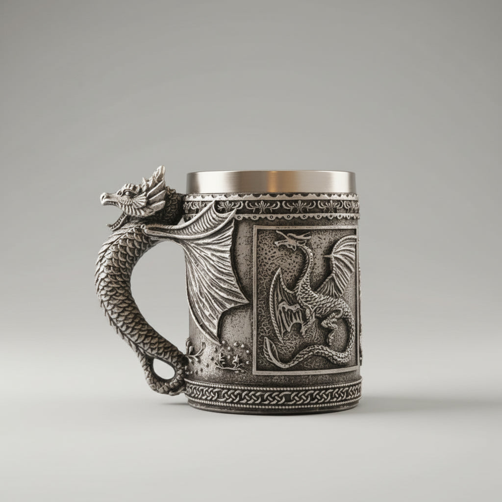 Sculpted silver dragon relic called The Drake's Talon by WoodyKitchenware, featuring detailed dragon design on a black background.