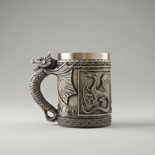 Sculpted silver dragon relic called The Drake's Talon by WoodyKitchenware, featuring detailed dragon design on a black background.