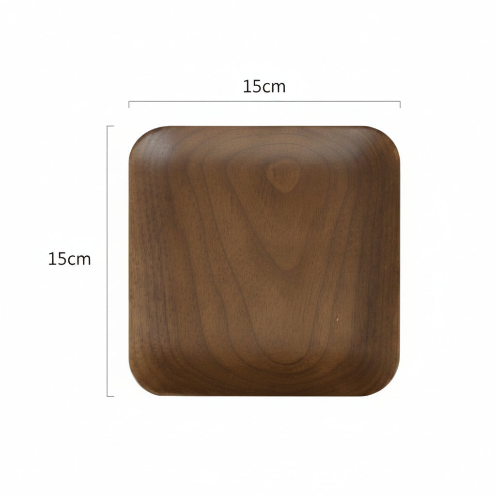 Japanese-style black walnut wooden plate by WoodyKitchenware, elegant square tray for breakfast or snacks, handcrafted wooden serving dish.