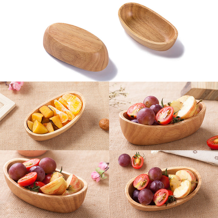 Natural thick-bottom rubber wood boat compote salad bowl by WoodyKitchenware, durable solid wood serving bowl for salads and fruits.