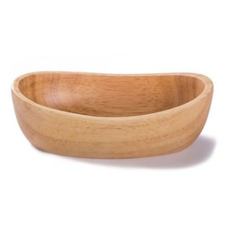 Natural thick bottom rubber wood boat-shaped salad bowl by WoodyKitchenware, ideal for serving salads and appetizers.