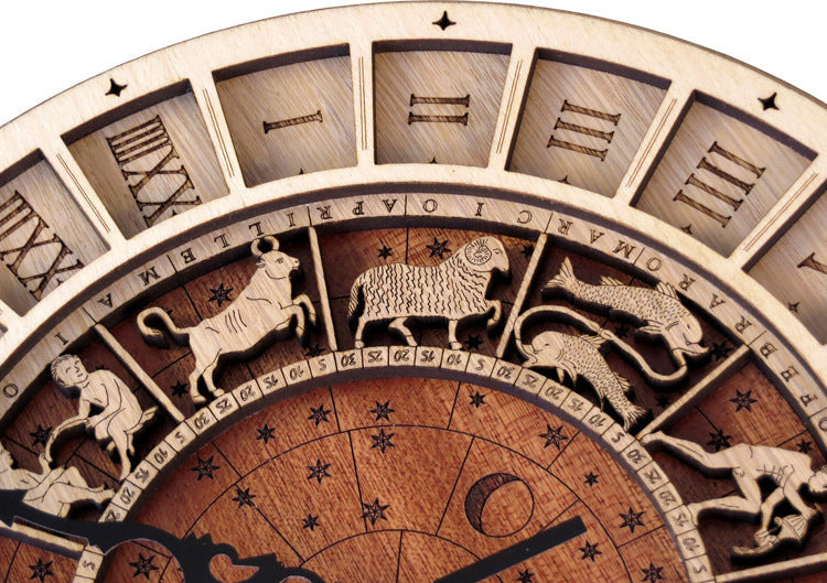 Handcrafted wooden astronomical clock by WoodyKitchenware featuring celestial design and bronze accents, 30cm diameter.