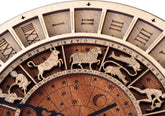 Handcrafted wooden astronomical clock by WoodyKitchenware featuring celestial design and bronze accents, 30cm diameter.