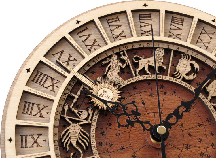 Handcrafted wooden astronomical clock by WoodyKitchenware, featuring celestial design and bronze accents, 30cm diameter.