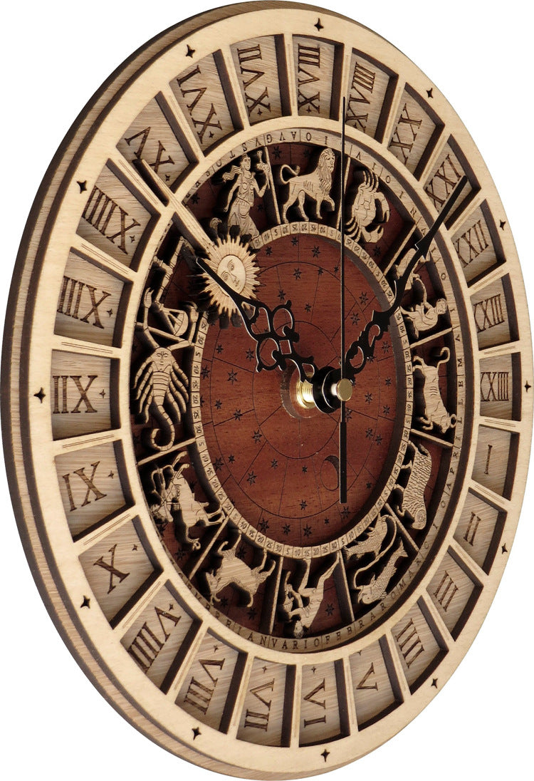 Handcrafted wooden astronomical clock with celestial design, 30cm bronze finish by WoodyKitchenware, showcasing detailed celestial motifs.