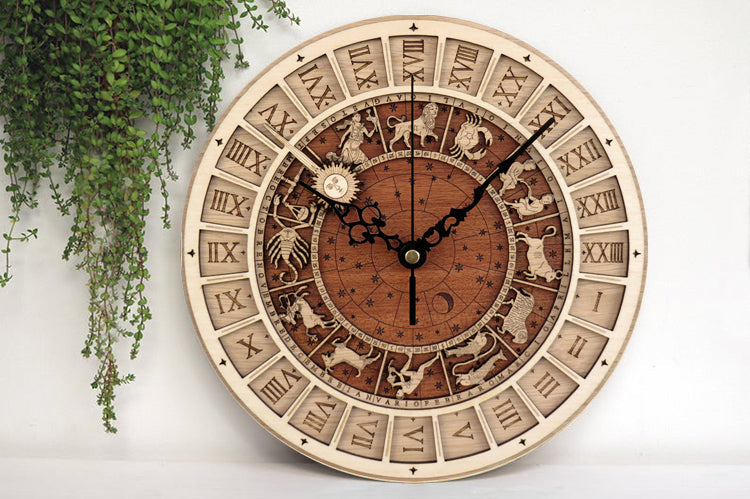 Handcrafted wooden astronomical clock by WoodyKitchenware featuring celestial details and a bronze finish, 30cm diameter.