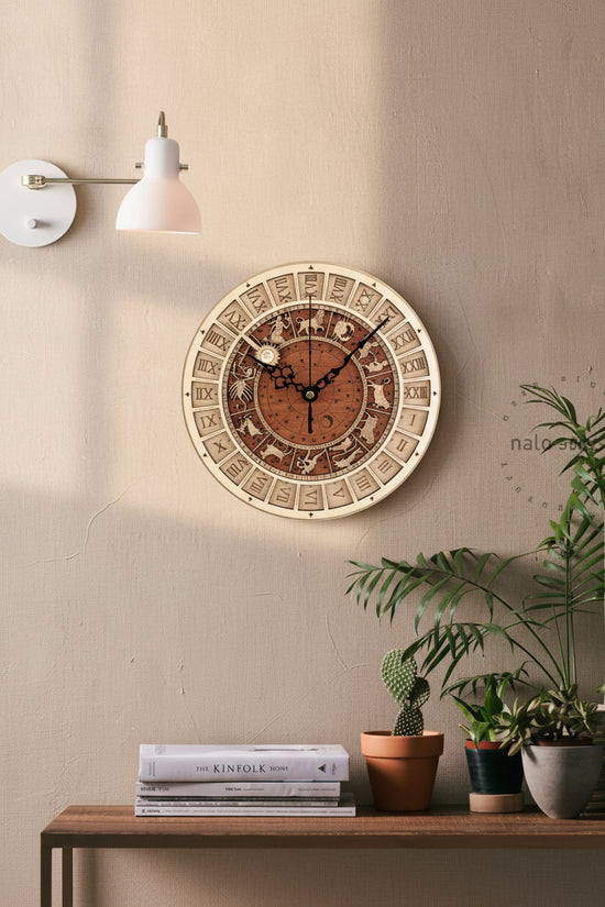 Handcrafted wooden astronomical clock by WoodyKitchenware, featuring celestial details and a bronze finish, 30cm diameter.