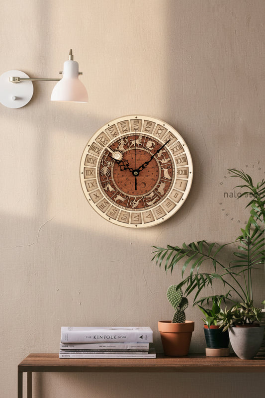 Handcrafted wooden astronomical clock by Woody's Rituals, featuring celestial details and a bronze finish, 30cm diameter.