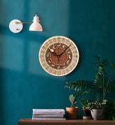 Handcrafted wooden astronomical clock with celestial design by WoodyKitchenware, featuring bronze accents and a 30cm diameter.