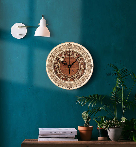 Handcrafted wooden astronomical clock with celestial design by WoodyKitchenware, featuring bronze accents and a 30cm diameter.