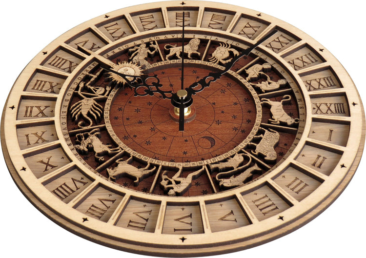 Handcrafted wooden astronomical clock by WoodyKitchenware featuring celestial designs and a bronze finish, 30cm diameter wooden timepiece.