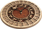 Handcrafted wooden astronomical clock by WoodyKitchenware featuring celestial designs and a bronze finish, 30cm diameter wooden timepiece.