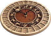 Handcrafted wooden astronomical clock by WoodyKitchenware featuring celestial designs and bronze accents, 30cm diameter.