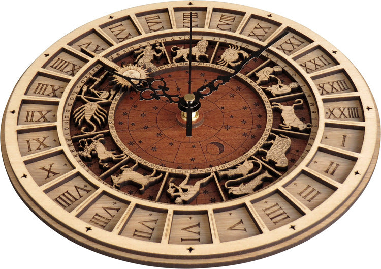 Handcrafted wooden astronomical clock by WoodyKitchenware featuring celestial designs and bronze accents, 30cm diameter.