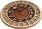 Handcrafted wooden astronomical clock by WoodyKitchenware featuring celestial designs and bronze accents, 30cm diameter.
