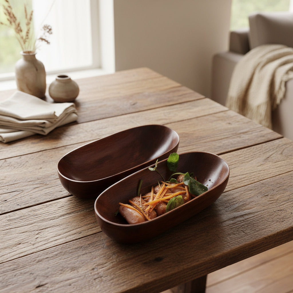 Brown acacia wooden canoe from WoodyKitchenware, crafted by WoodyKitchenware, showcasing natural wood grain and unique canoe shape.