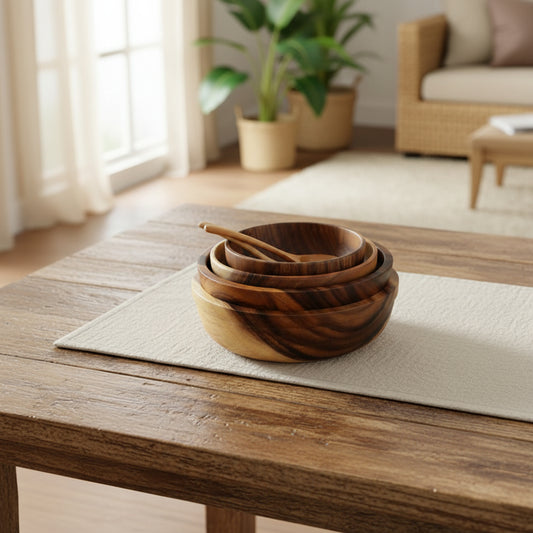 Natural wooden bowl by WoodyKitchenware, showcasing smooth brown finish, perfect for serving salads or snacks in a stylish kitchen setting.