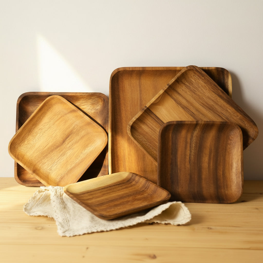 Rectangular wooden plate made of acacia wood by WoodyKitchenware, ideal for serving appetizers or main dishes.