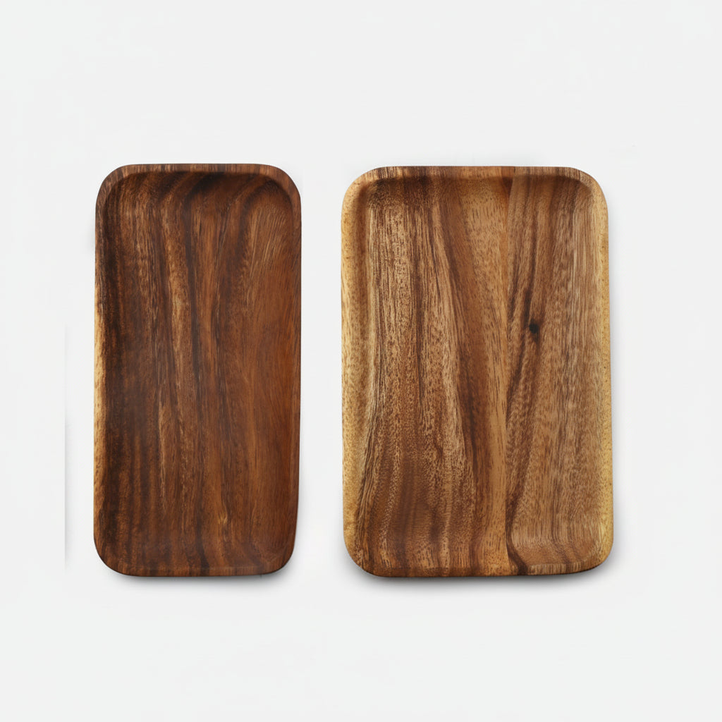 Rectangular wooden plate made of acacia wood by WoodyKitchenware, ideal for serving appetizers or snacks with natural elegance.