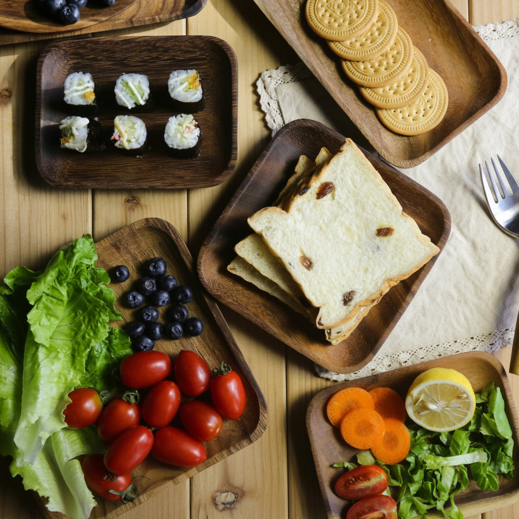 Rectangular acacia wooden plate by WoodyKitchenware, showcasing smooth polished surface ideal for serving food.