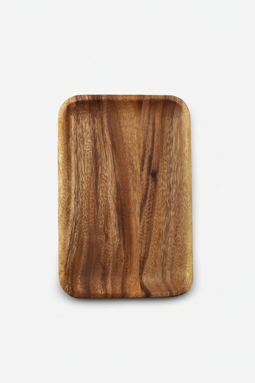 Rectangular acacia wooden plate from WoodyKitchenware, showcasing smooth finish and natural wood grain for dining presentation.