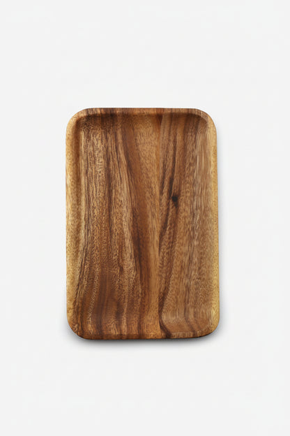 Rectangular acacia wooden plate from WoodyKitchenware, showcasing smooth finish and natural wood grain for dining presentation.