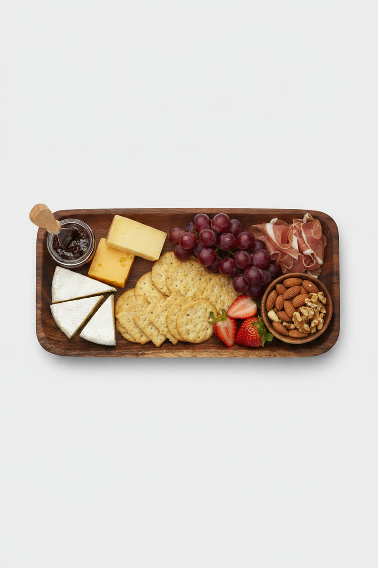 Rectangular wooden plate made of acacia wood from WoodyKitchenware, ideal for serving appetizers or snacks.
