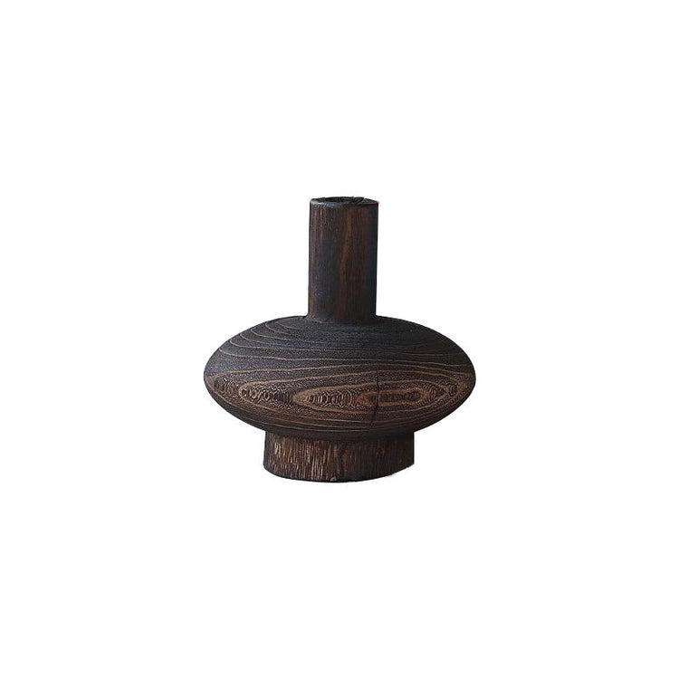 Retro wooden vase with Zen Tuo pattern, crafted from solid timber by WoodyKitchenware, displayed with a natural finish.