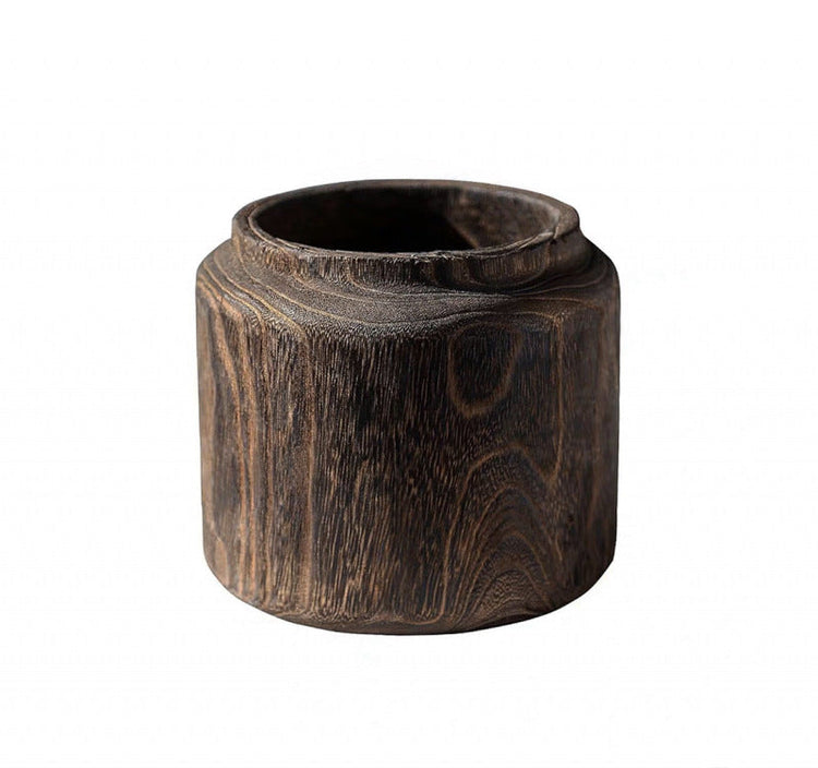 Retro wooden vase with Zen Tuo pattern, solid timber design by WoodyKitchenware, perfect for rustic home decor.