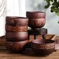 Carved wooden bowl featuring cattle, horse, and sheep designs by WoodyKitchenware, made from solid timber for rustic appeal