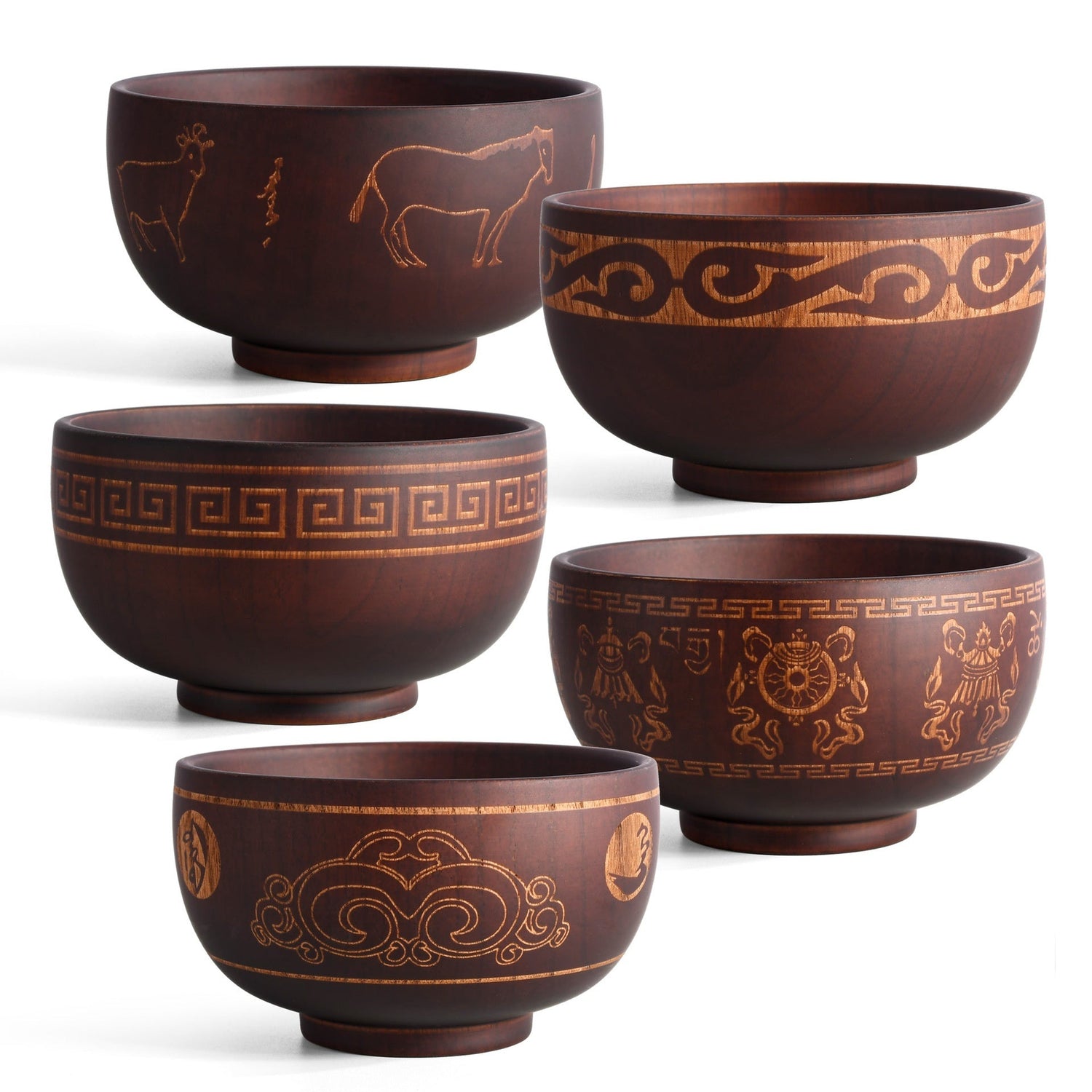 Carved wooden bowl with cattle, horse, and sheep motifs from WoodyKitchenware Heritage Blessing collection, made of solid timber.