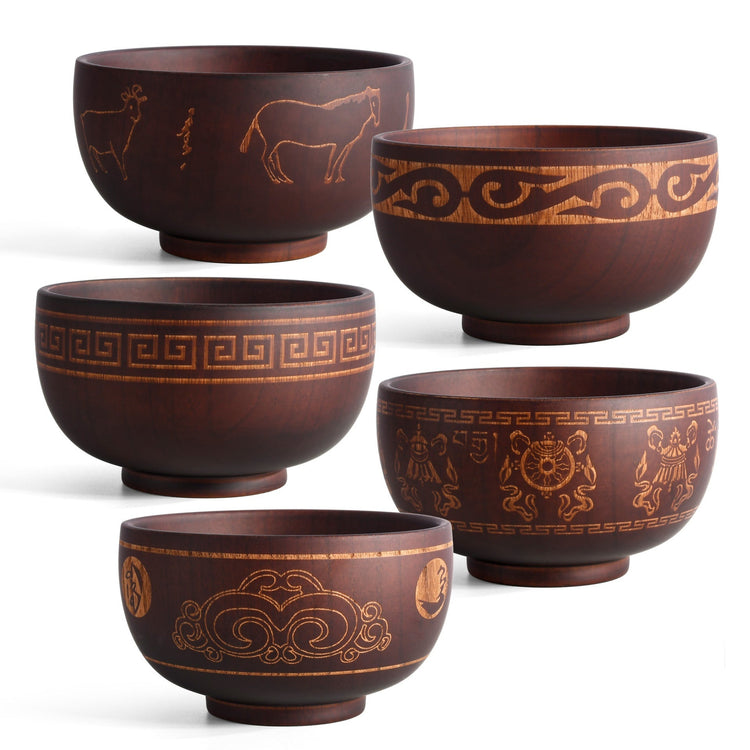Carved wooden bowl with cattle, horse, and sheep motifs from WoodyKitchenware Heritage Blessing collection, made of solid timber.