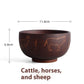 Carved wooden bowl featuring cattle, horse, and sheep designs by WoodyKitchenware in solid timber, Heritage Blessing collection.