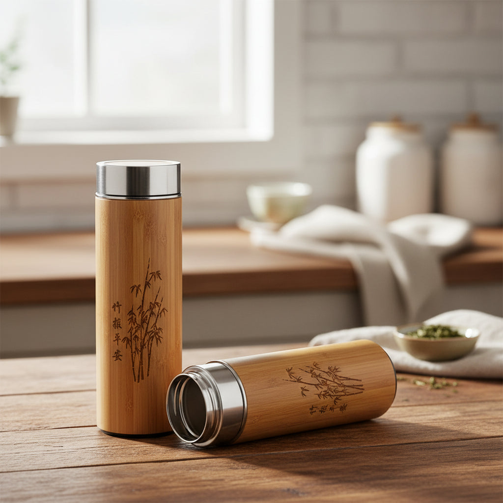 Hand-finished bamboo and steel vessel from WoodyKitchenware Zen Infuser, showcasing elegant craftsmanship and natural materials.