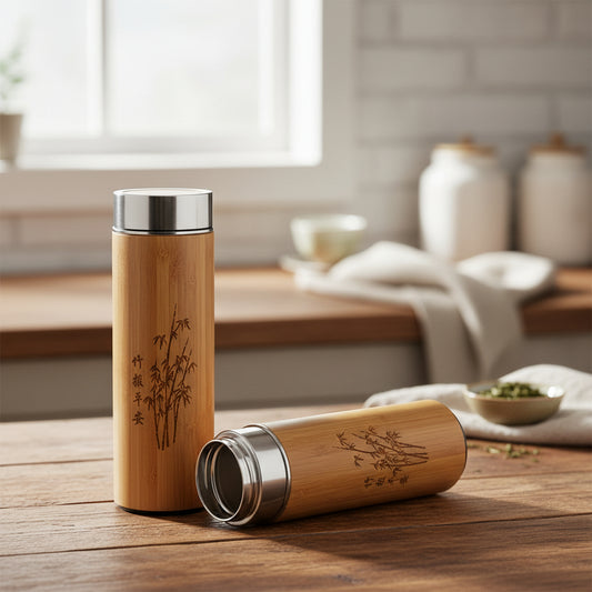 Hand-finished bamboo and steel vessel from WoodyKitchenware Zen Infuser, showcasing elegant craftsmanship and natural materials.
