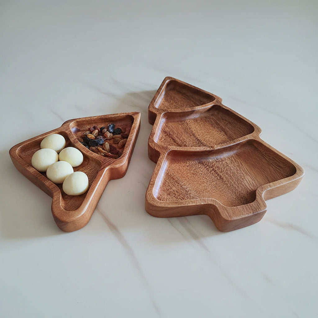 Walnut Christmas Tree compartment tray by WoodyKitchenware, featuring elegant holiday-themed design for festive entertaining.