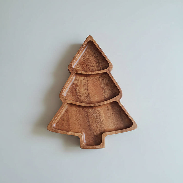 Walnut Christmas Tree compartment tray by WoodyKitchenware, elegant holiday serving platter with festive tree design, perfect for holiday entertaining.