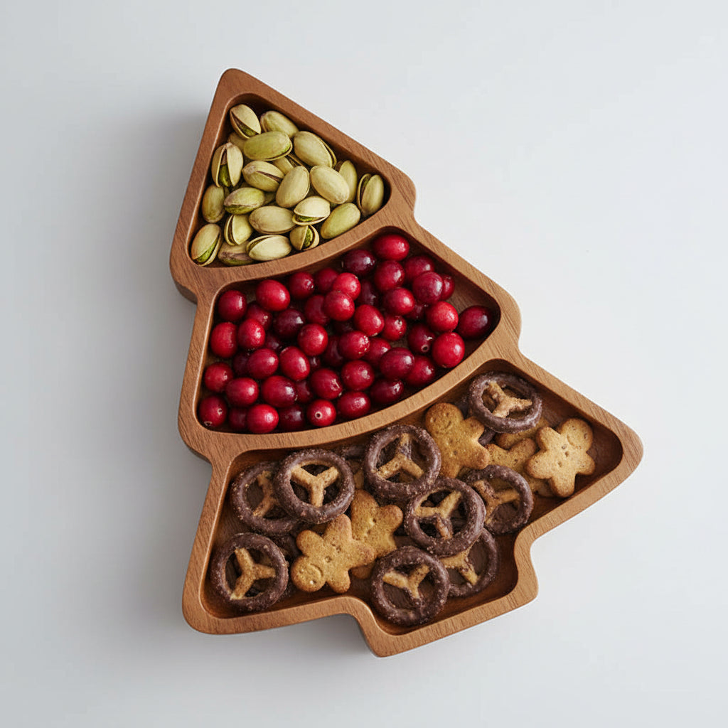 Walnut Christmas Tree compartment tray by WoodyKitchenware, designed for elegant holiday entertaining with festive wooden details.