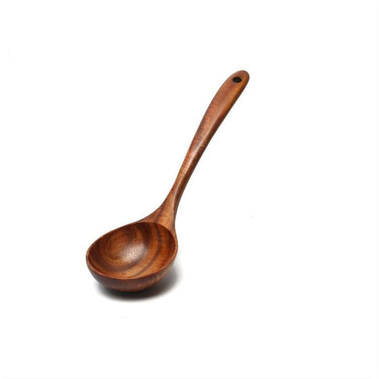 Acacia wooden spatula with long handle from WoodyKitchenware, ideal for non-stick cookware, includes wooden spoon and soup spoon set.