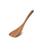 Acacia wooden spatula with long handle from WoodyKitchenware, ideal for non-stick cookware, includes wooden spoon and soup spoon.