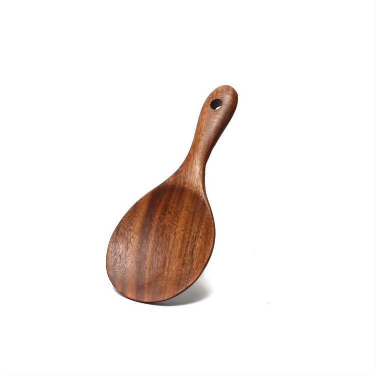 Acacia wooden spatula with long handle, part of WoodyKitchenware set, ideal for non-stick cookware and stirring soups or sauces.