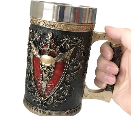 Stainless steel goblet with a sword-themed design by WoodyKitchenware, a durable and sleek tankard for drinking.