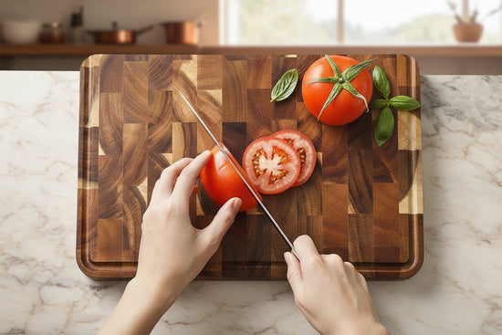 Dark brown WoodyKitchenware Acacia Mangium thick cutting board, durable and stylish kitchen essential with natural wood grain.