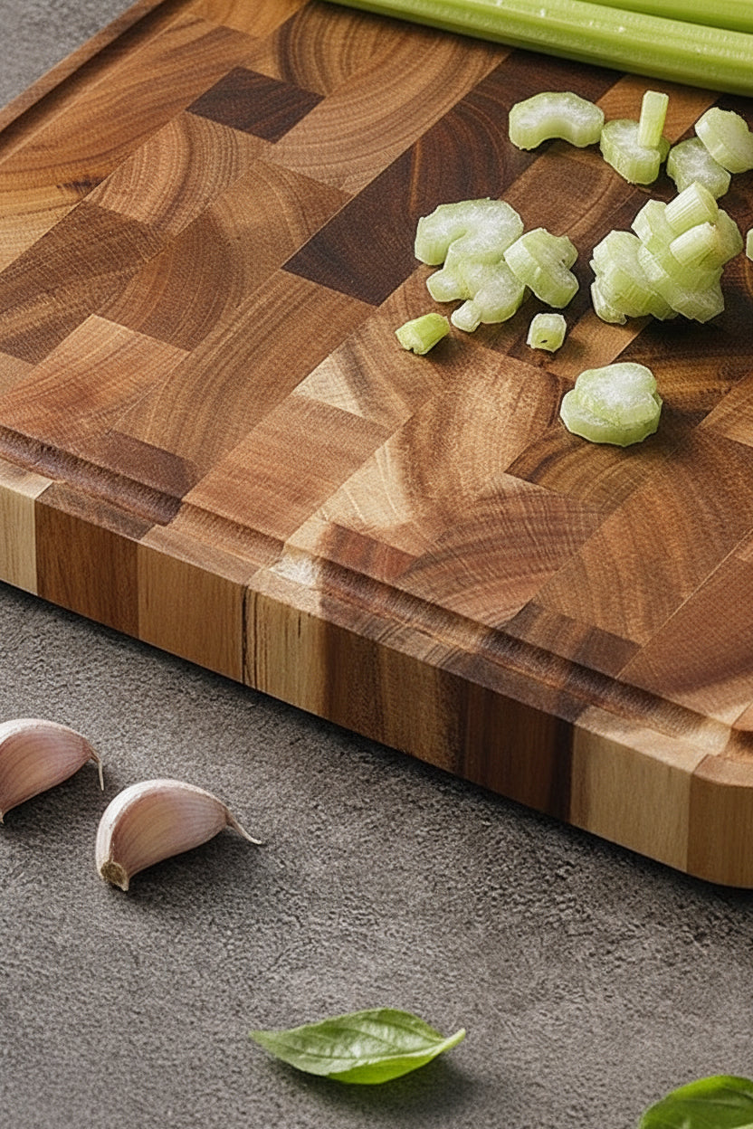 Dark brown Acacia Mangium thick cutting board by WoodyKitchenware, durable and stylish kitchen essential with wood grain texture.