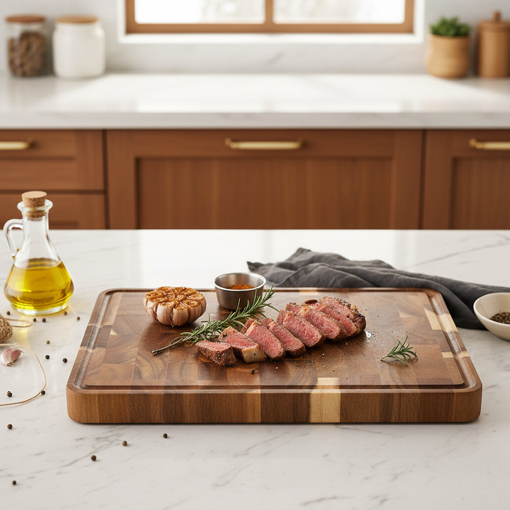 Dark brown Acacia Mangium thick cutting board by WoodyKitchenware, durable and stylish kitchen essential for food prep.