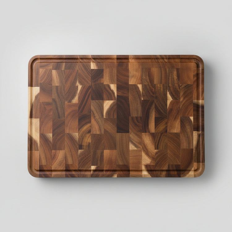 Dark brown Acacia Mangium thick cutting board by WoodyKitchenware, durable and stylish kitchen essential, 35x25x2.6cm size.