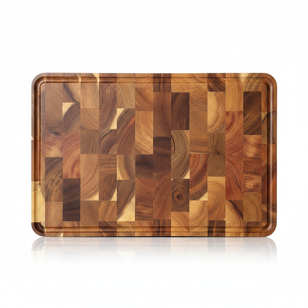 Dark brown WoodyKitchenware Acacia Mangium thick cutting board, durable and stylish kitchen essential, 35x25x2.6 cm.