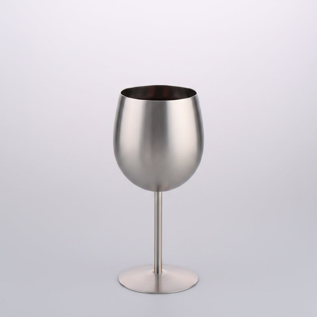 Artisan stainless steel chalice called The Sovereign Stem by WoodyKitchenware, featuring a sleek, polished design.