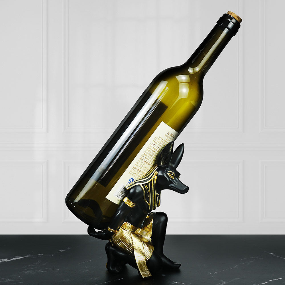 Anubis Dog-God resin wine rack ornament by WoodyKitchenware, featuring a mystical dog-shaped figure with wine bottle holders.