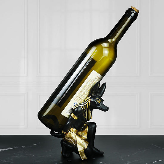 Anubis Dog-God resin wine rack ornament by WoodyKitchenware, featuring a mystical dog-shaped figure with wine bottle holders.